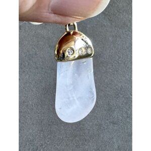 Vintage 14K Yellow GOLD with 9 Diamonds Milky QUARTZ PENDANT 1.75" Triangular